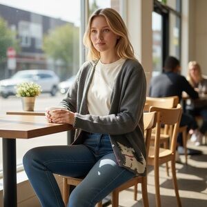 Susan Bristol “ Scotty” Silk Blend Cardigan Gray Pearl Like Details Size M